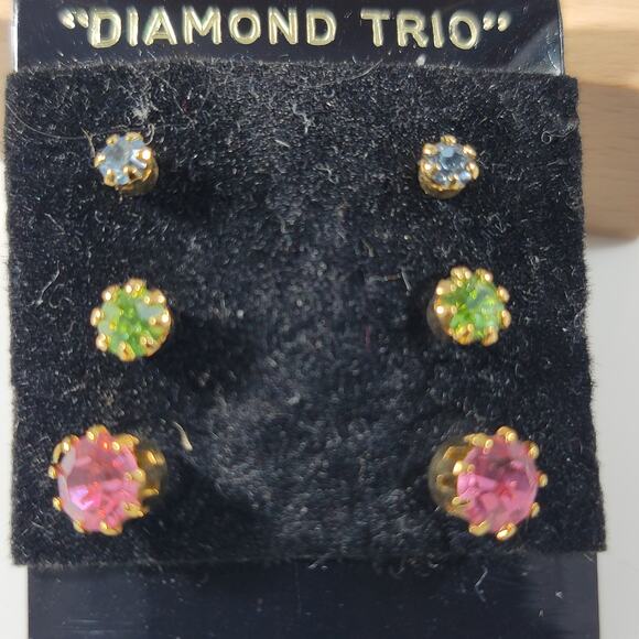 Vintage "Diamond Trio" Stud Earrings Set, 3 Pairs with Pink, Green & Blue Stones - Picture 4 of 10